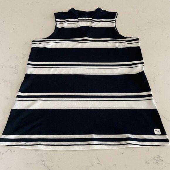 Puma W Cloudspun V Stripe Sleeveless Mandarin Collar Polo Top Navy + White Sz XS - Picture 9 of 9